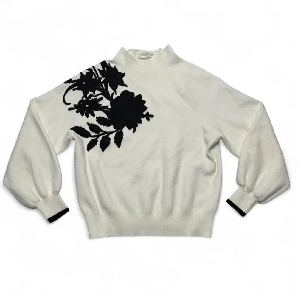 Anthropologie Applique Mock White/Black Embroidered Floral Sweater Top Size XS - Picture 6 of 7
